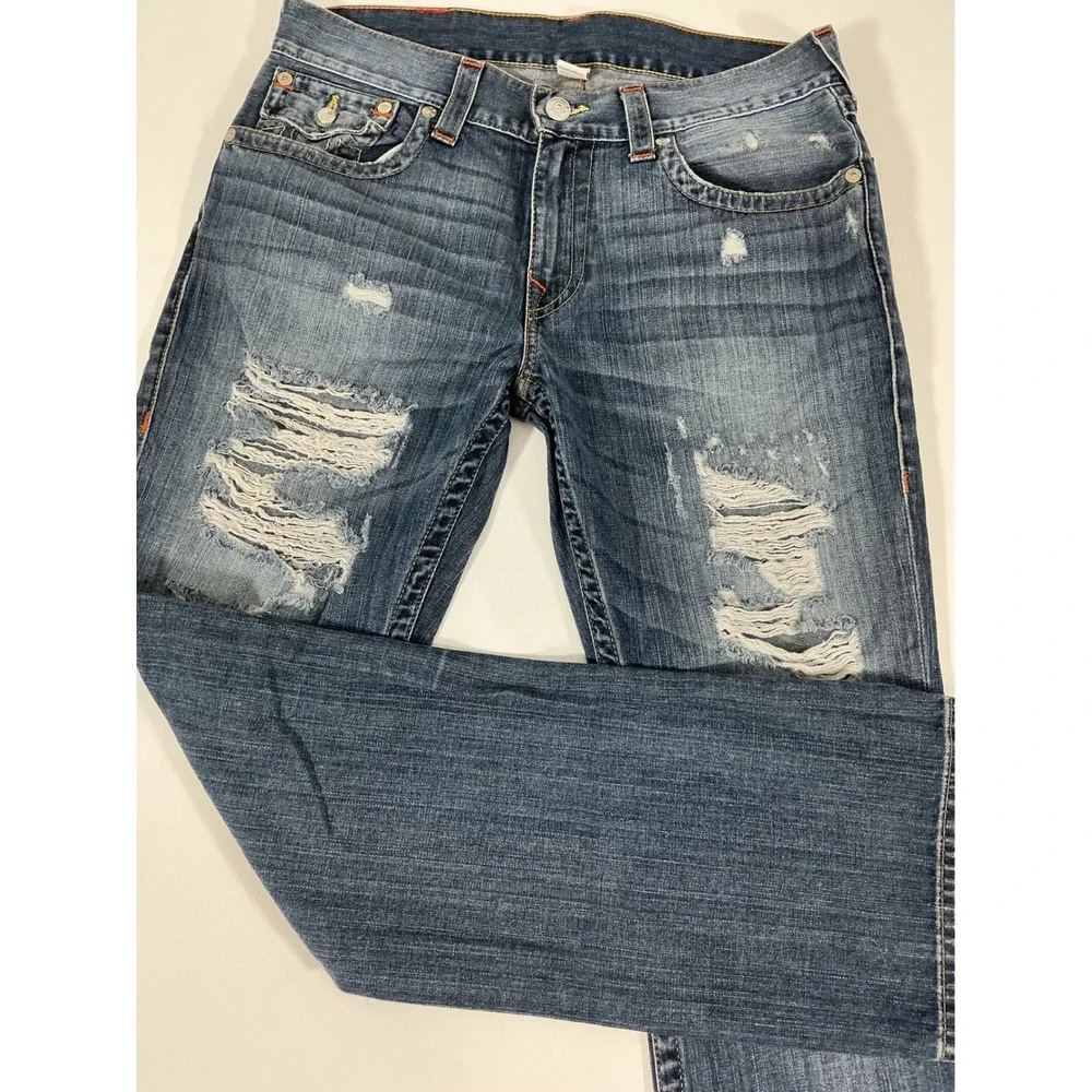 True Religion Rocky Men's Distressed Straight Jeans Dark Rocky Sand Ripped 34